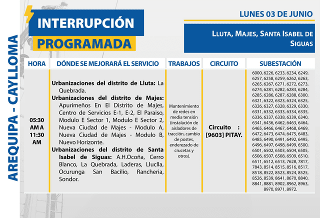  Corte de luz en Arequipa programado para el lunes 3 de junio. Foto: SEAL    