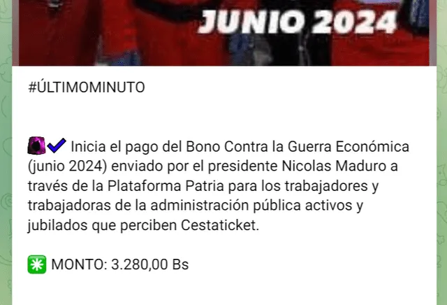 El mes pasado, el Bono de Guerra para los trabajadores públicos llegó el viernes 14 de junio. Foto: Canal Patria Digital/Telegram