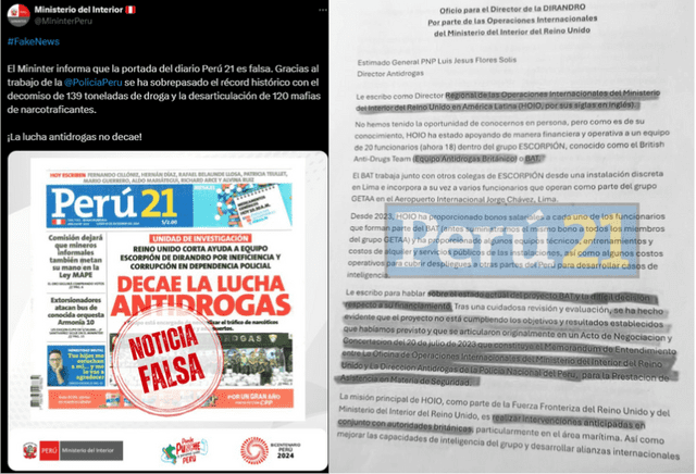  Izquierda: acusación de fake news por parte del Mininter | Derecha: Carta de Andrew Bonsey, director regional de las operaciones internacionales del Ministerio del Interior del Reino Unido en América Latina para Perú 21 | Fuente: Perú 21    