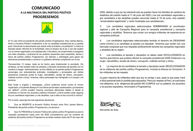 Comunicado de Hernando de Soto sobre el partido político Progresemos Perú | Foto: Hernando de Soto. Comunicado de Hernando de Soto sobre el partido político Progresemos Perú | Foto: Hernando de Soto.