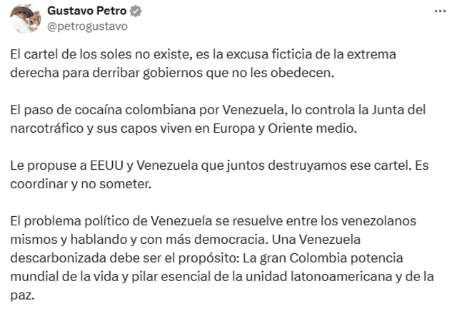  Gustavo Petro propone una alianza entre Estados Unidos, Venezuela y Colombia contra el narcotráfico. Foto: X.   