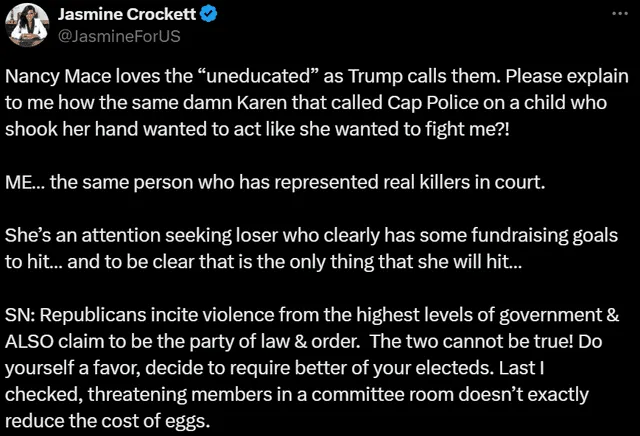 Jasmine Crockett's response to the situation happened during the House hearing in Washington, D.C.    