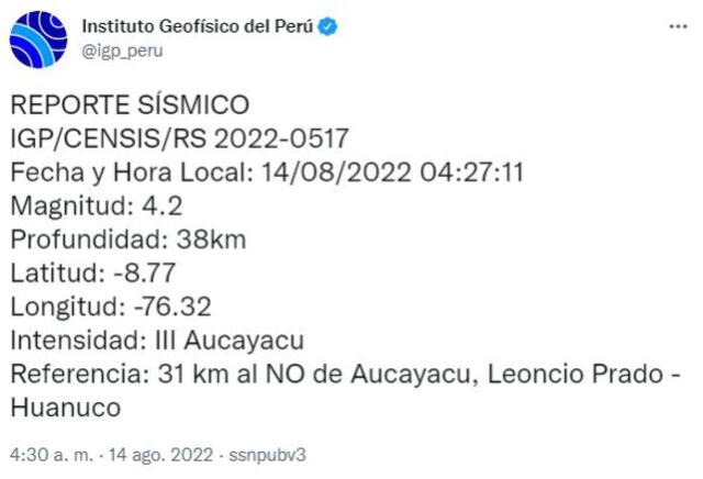 Datos del sismo en Huánuco. Foto: Twitter/@igp_peru