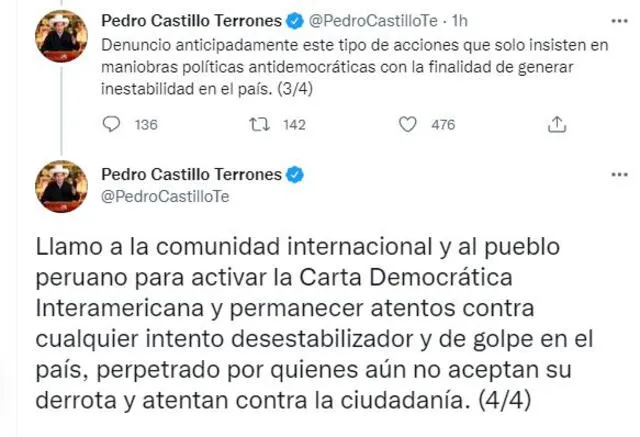 Pedro Castillo llamó a activar la Carta Democrática Internamericana, tras las revelaciones de Karelim López. Foto: Captura Twitter