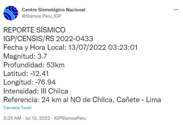 Datos del sismo en Lima. Foto: captura de Twitter @igp_peru