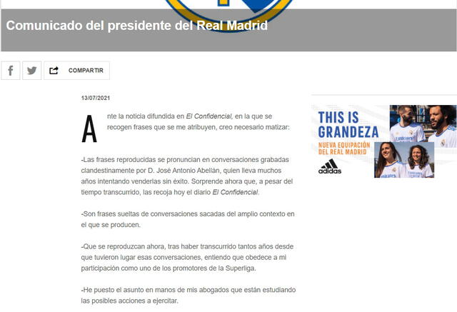 Las palabras de Florentino Pérez defendiéndose de los audios publicados por El Confidencial. Foto: captura web Real Madrid