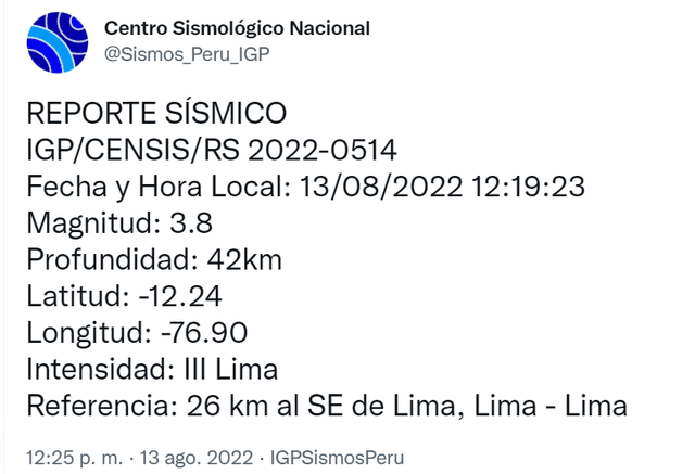 temblor en Lima hoy, 13 de agosto
