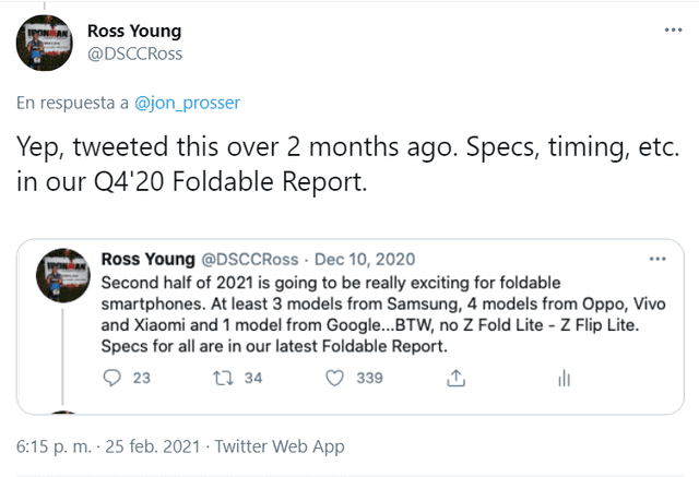 Reporte de diciembre 2020 sobre los planes de Google de desarrollar un teléfono plegable. Foto: Twitter / @DSCCRoss