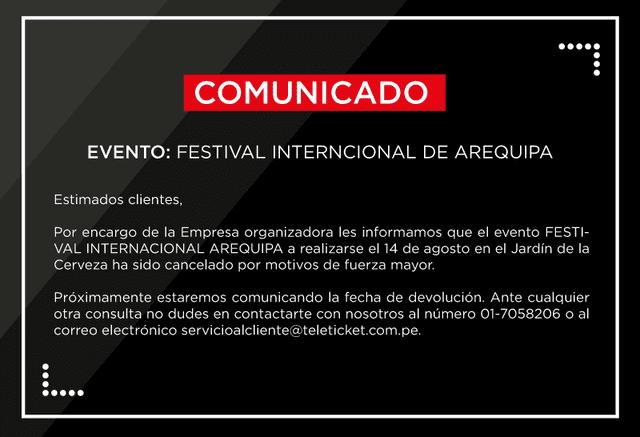Por motivos de fuerza mayor se suspendió el “Festival Internacional de Arequipa”