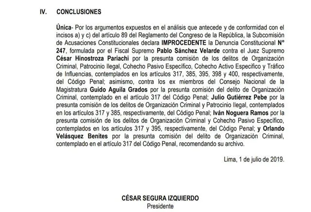 Concusiones del informe de calificación sobre la denuncia de Pablo Sánchez contra César Hinostroza.