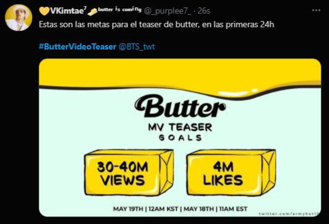 Metas para el teaser "Butter" de BTS en YouTube. Foto: Twitter