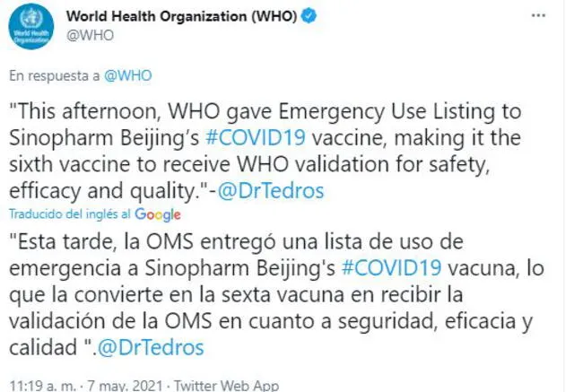 Tuit de la OMS sobre la aprobación de uso de emercia de la vacuna china de Sinopharm. Foto: captura Twitter