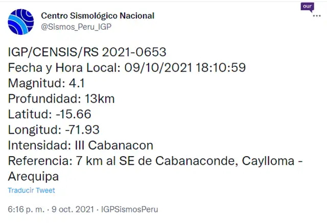 Publicación el Centro Sismológico Nacional. Foto: IGP
