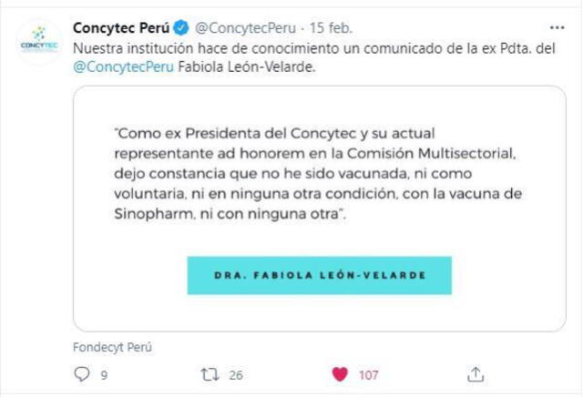 Concytec aclara que Fabiola León Velarde no ha sido vacunada. Foto: TW Cocytec