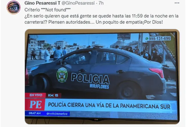 Gino Pesaressi en contra de la medida decretada por Pedro Castillo. Foto: Gino Pesaressi/Twitter.