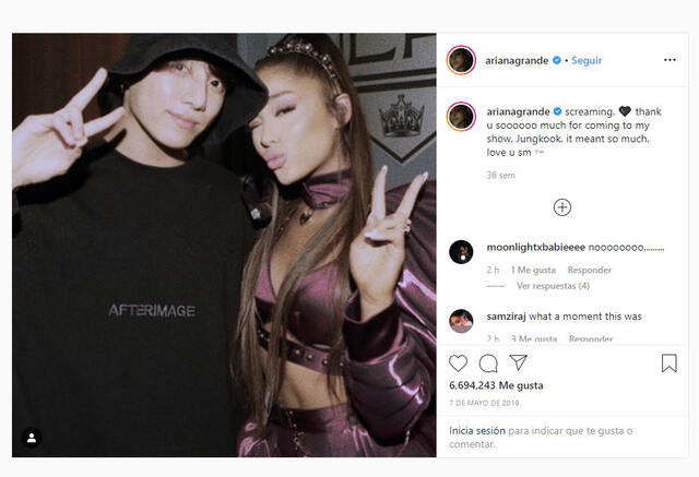 Ariana Grande y Jungkook. Fuente. Instagram