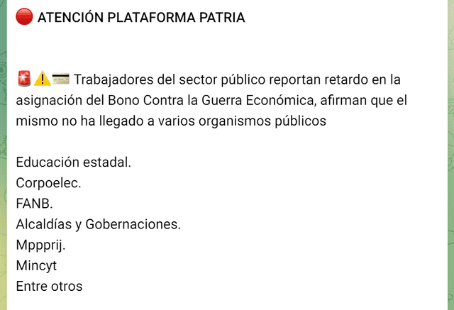 Usuarios del Sistema Patria reportaron problemas con la llegada del Bono de Guerra Económica de febrero 2024. Foto: Canal Patria Digital/Telegram