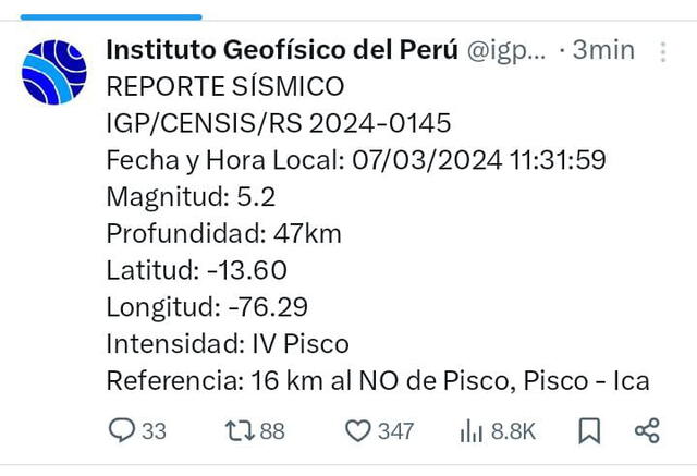 Sismo de 5.2 en Ica este jueves 7 de marzo. Foto: X/IGP   