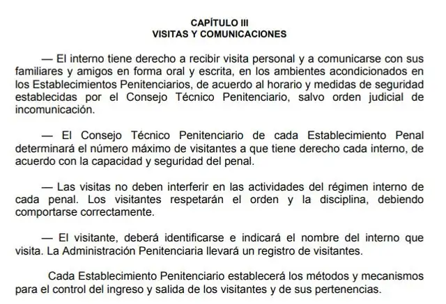 Reglamento de visitas en penales. Fuente: Reglamento del Código de Ejecución Penal Perú Reglamento de visitas en penales. Fuente: Reglamento del Código de Ejecución Penal Perú