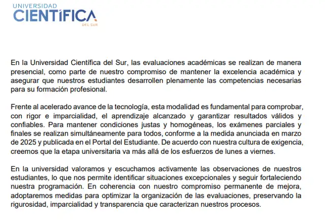 Pronunciamiento de la universidad tras la denuncia de padres y estudiantes. Foto: UCSUR. Pronunciamiento de la universidad tras la denuncia de padres y estudiantes. Foto: UCSUR.