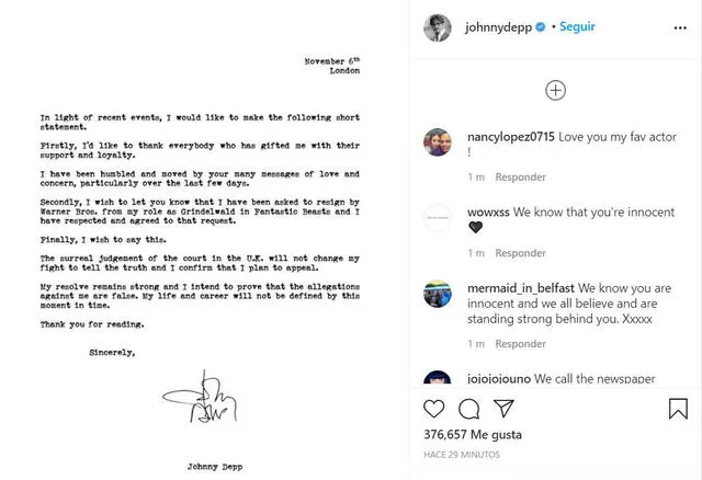Johnny Depp anuncia su salida de la franquicia Animales fantásticos. Foto: Instagram