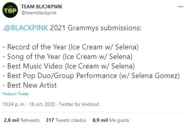 BLACKPINK: postulaciones de Interscope Records. Foto: vía Twitter