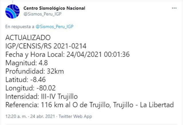 Información del sismo ocurrido a 116 al oeste de Trujillo. Foto: captura Twitter