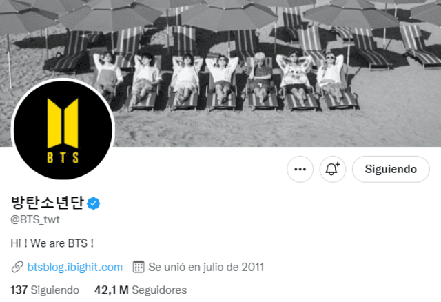 BTS se encuentra en Twitter como @bts_twt y cuenta con más de 42 millones de seguidores. Foto: captura/Twitter