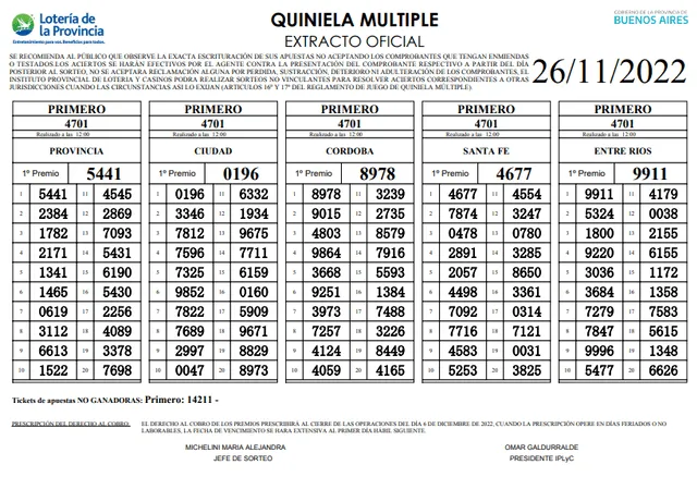 Quiniela PRIMERA Extracto oficial