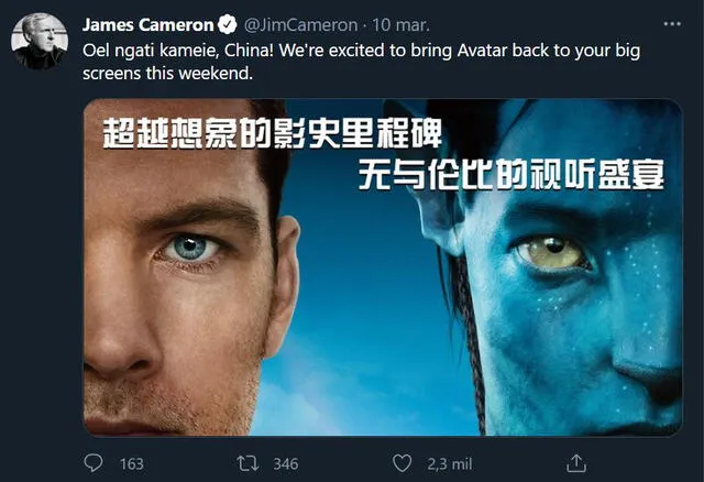 James Cameron lanzará en el 2022 la secuela de Avatar. Foto: @JimCameron/Twitter