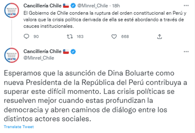 Chile sobre crisis en Perú: “Esperemos que la asunción de Dina Boluarte contribuya a superar este difícil momento”
