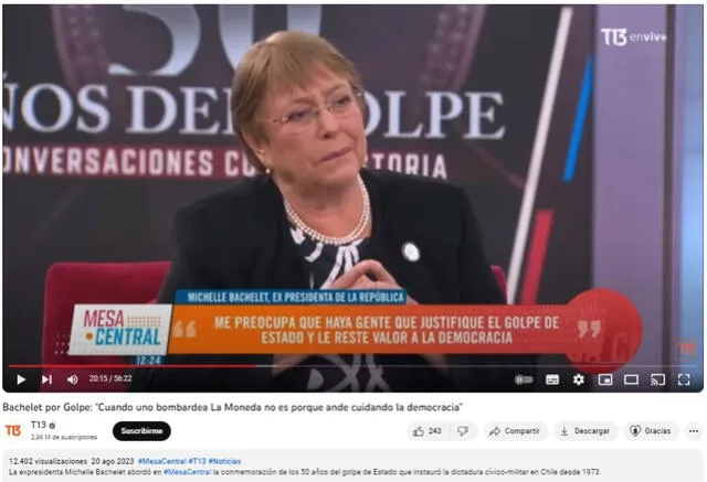  Entrevista completa a Michelle Bachelet en T13. Foto: captura en Youtube / T13.&nbsp;   