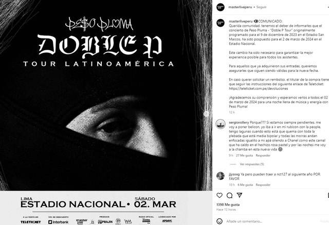  Comunicado de Masterlive sobre el concierto de Peso Pluma en Perú. Foto: composición LR/Instagram/Masterlive Perú 