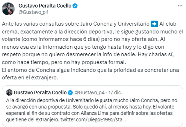 Información sobre el futuro de Jairo Concha. Foto: Twitter.   