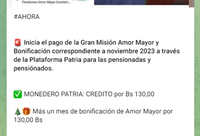 En 2023, el régimen de Maduro dispuso el pago del aguinaldo a los pensionados de Amor Mayor. Foto: Canal Patria Digital/ Telegram