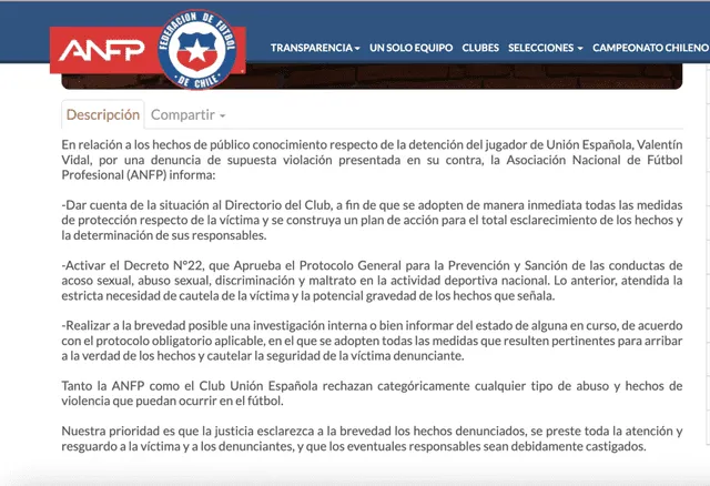 Comunicado de la ANFP. Foto: ANFP   