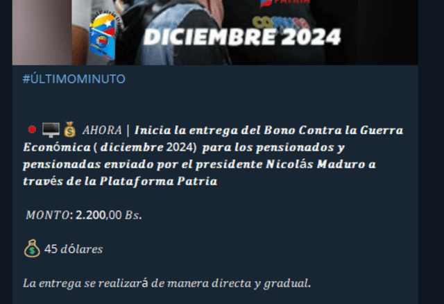 El Sistema Patria ya anunció el pago del Bono de Guerra para sus tres grupos beneficiarios. Foto: Canal Patria Digital/ Telegram