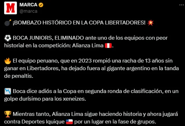  Marca y su publicación tras la eliminación de Boca Juniors. Foto: Marca   