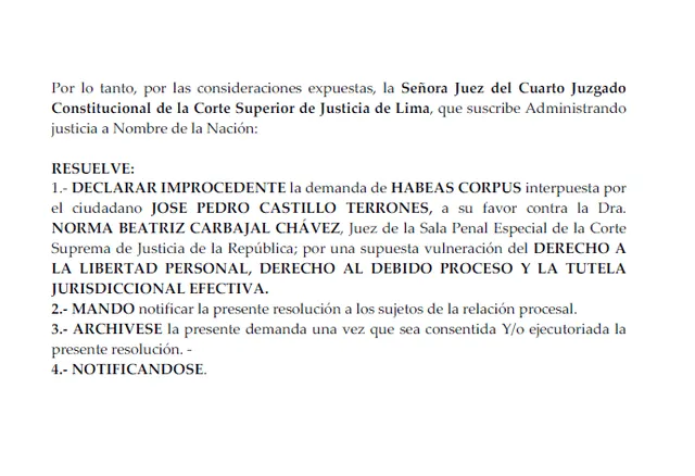 Resolución hábeas corpus de Pedro Castillo. Foto: PJ   
