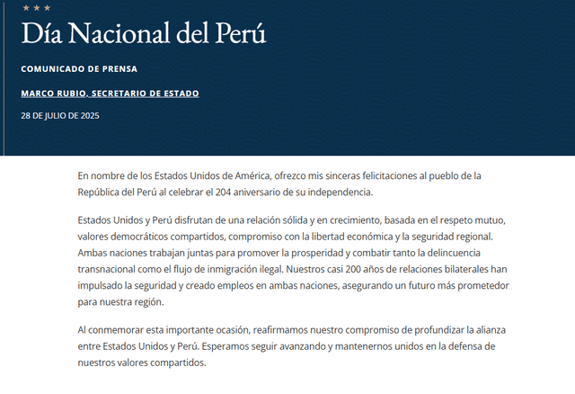  Gobierno de Estados Unidos felicita a Perú por Fiestas Patrias.   