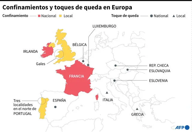 Mapa de Europa señalando los confinamientos y toques de queda por el coronavirus. Infografía: AFP