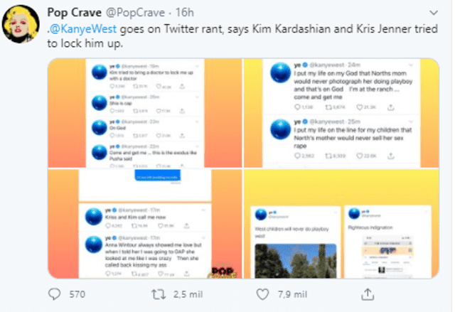 Kanye West ataca a Kim Kardashian y Kris Jenner con perturbadores mensajes. Foto: Captura Twitter.