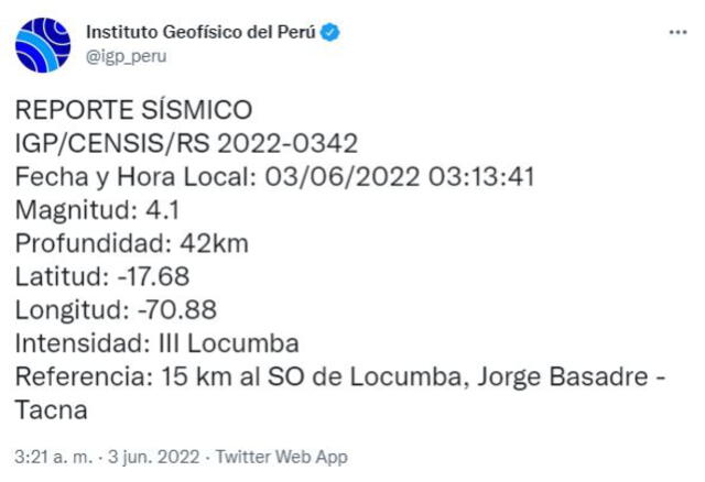 Datos del sismo en Tacna. Foto: captura de Twitter @igp_peru
