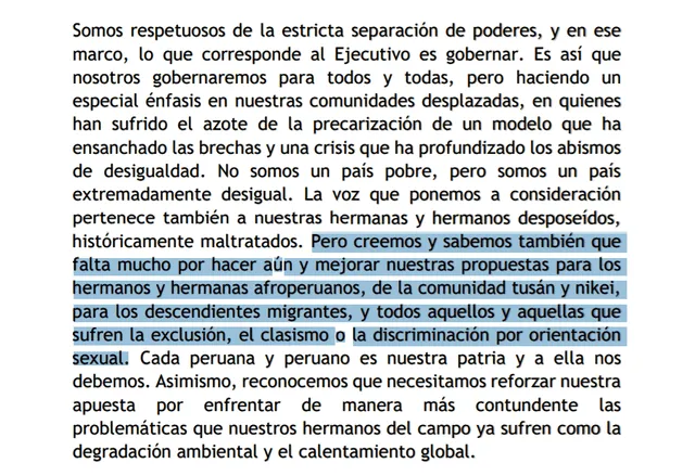 Parte de discurso en donde Bellido debía mencionar la orientación sexual.