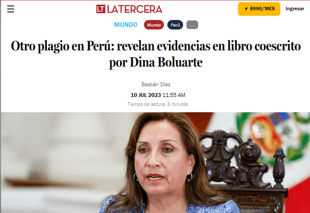  Dina Boluarte habría plagiado al igual que Castillo, advirtió el medio chileno. Foto: captura La Tercera   