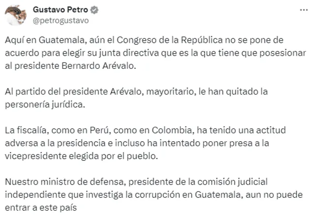  El comunicado de Petro con respecto a la situación en Guatemala. Foto: X/@petrogustavo   