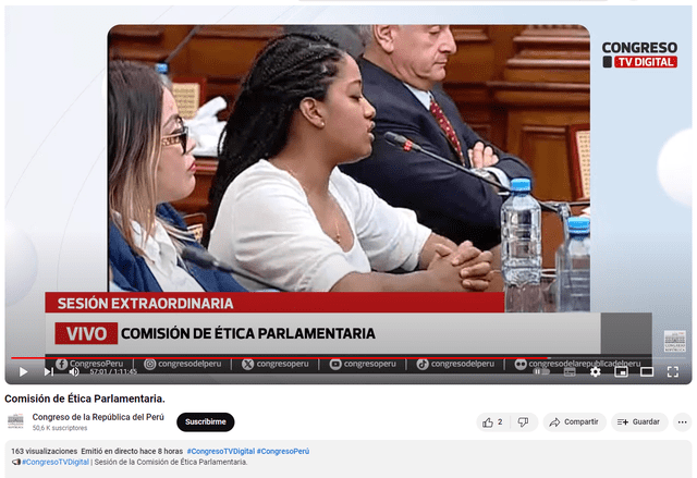  &nbsp;Declaración de Rosangella Barbarán en la Comisión de Ética. Foto: captura en Youtube / Congreso de La República..    