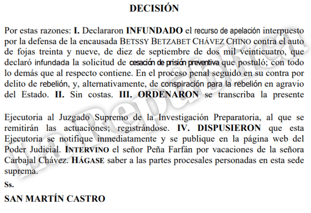  Resolución judicial del juez supremo César San Martín sobre recurso de apelación presentado por Betssy Chávez.   