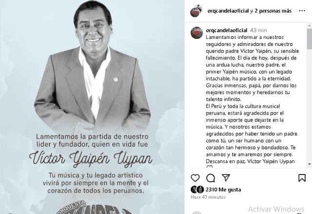 Despedida de Orquesta Candela a su líder y fundador, Víctor Yaipén. Foto: Instagram.   