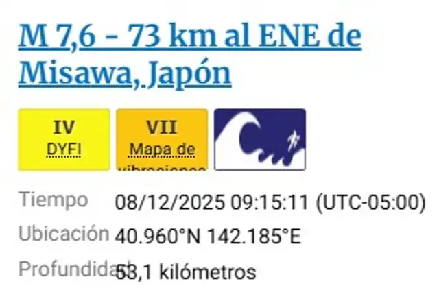 El terremoto ocurrió en la costa de Japón, por Misawa. Foto: USGS<br> El terremoto ocurrió en la costa de Japón, por Misawa. Foto: USGS<br>